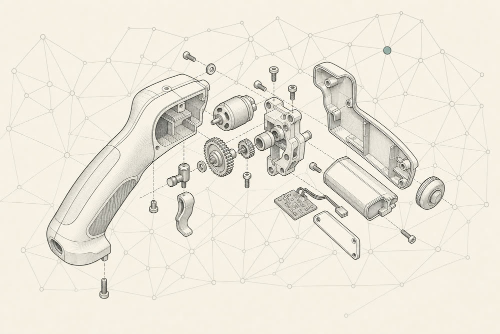 Monoline illustration of an exploded product design with an AI neural-network overlay