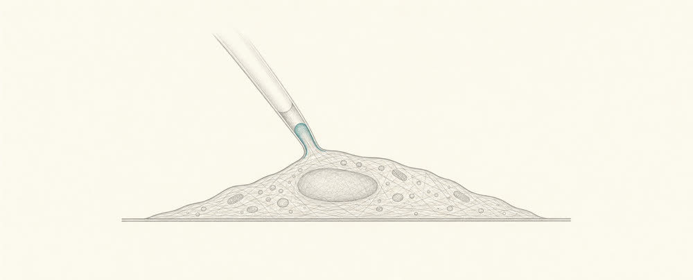 Monoline cross-section illustration of a micropipette tip sealing against a cell membrane