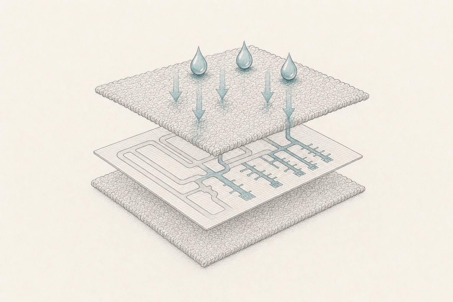 Monoline illustration of fluid wicking through a folded strip of paper or textile via capillary action
