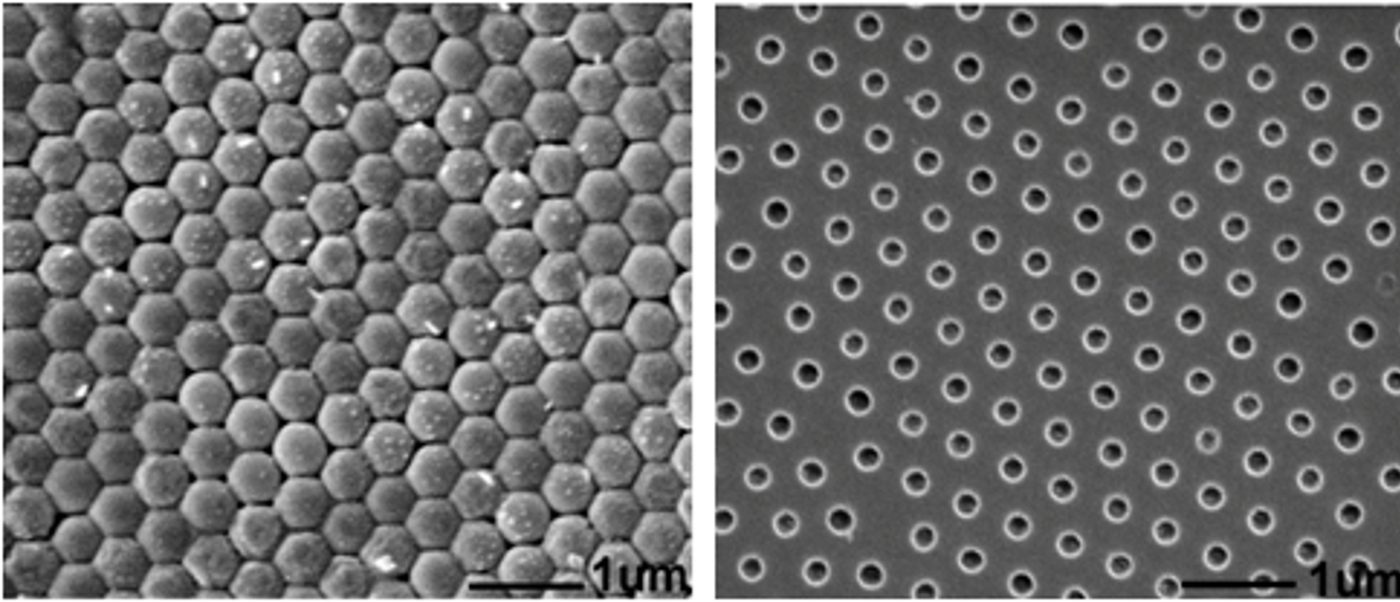 SEM images of a hexagonal close-packed nanosphere array alongside the resulting nanopore array after pattern transfer