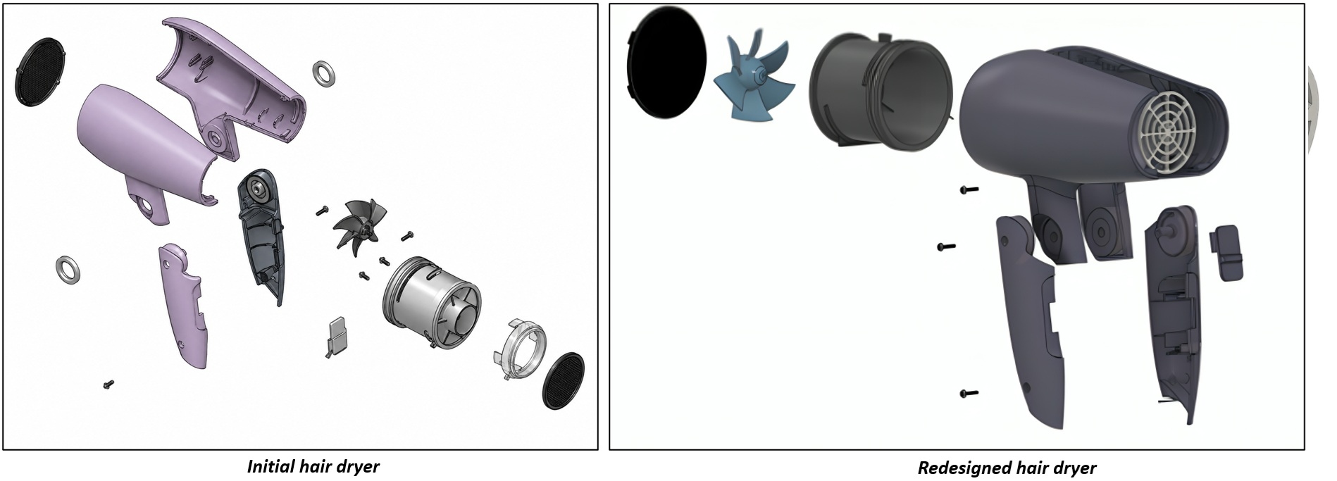 Exploded view comparison of the initial hair dryer with screw-fastened parts against the redesigned hair dryer with fewer components