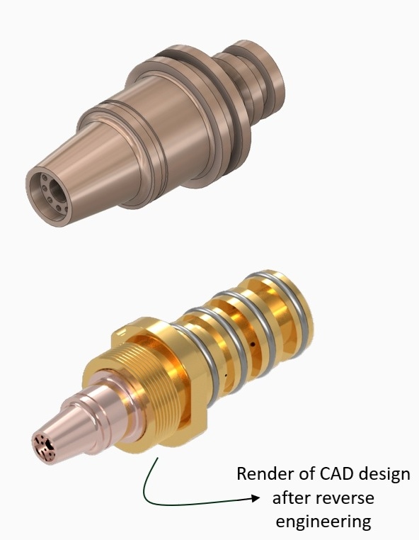 CAD render of the wire flame spray nozzle before and after reverse engineering